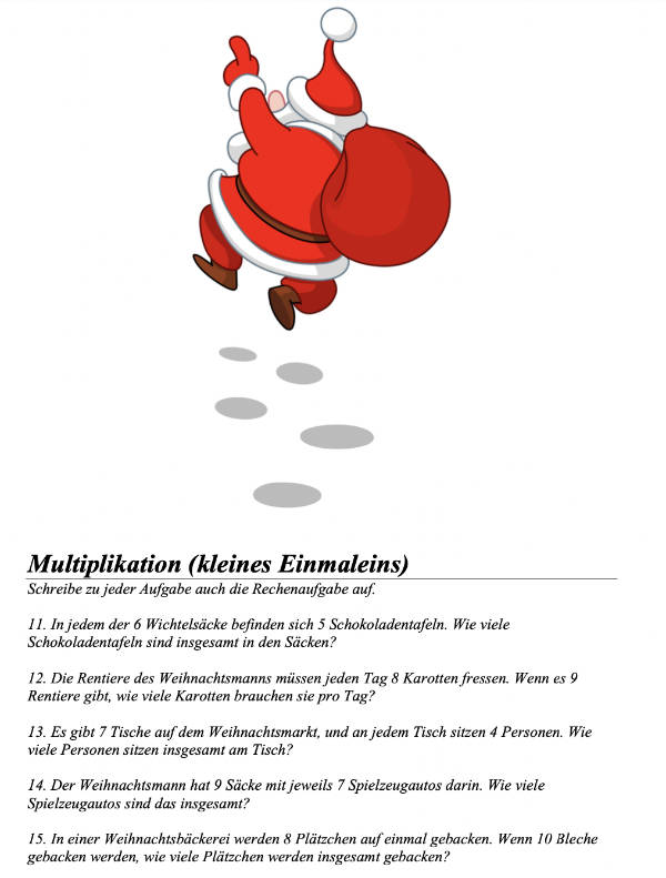 weihnachtliche Matheaufgaben Einmaleins Multiplikation